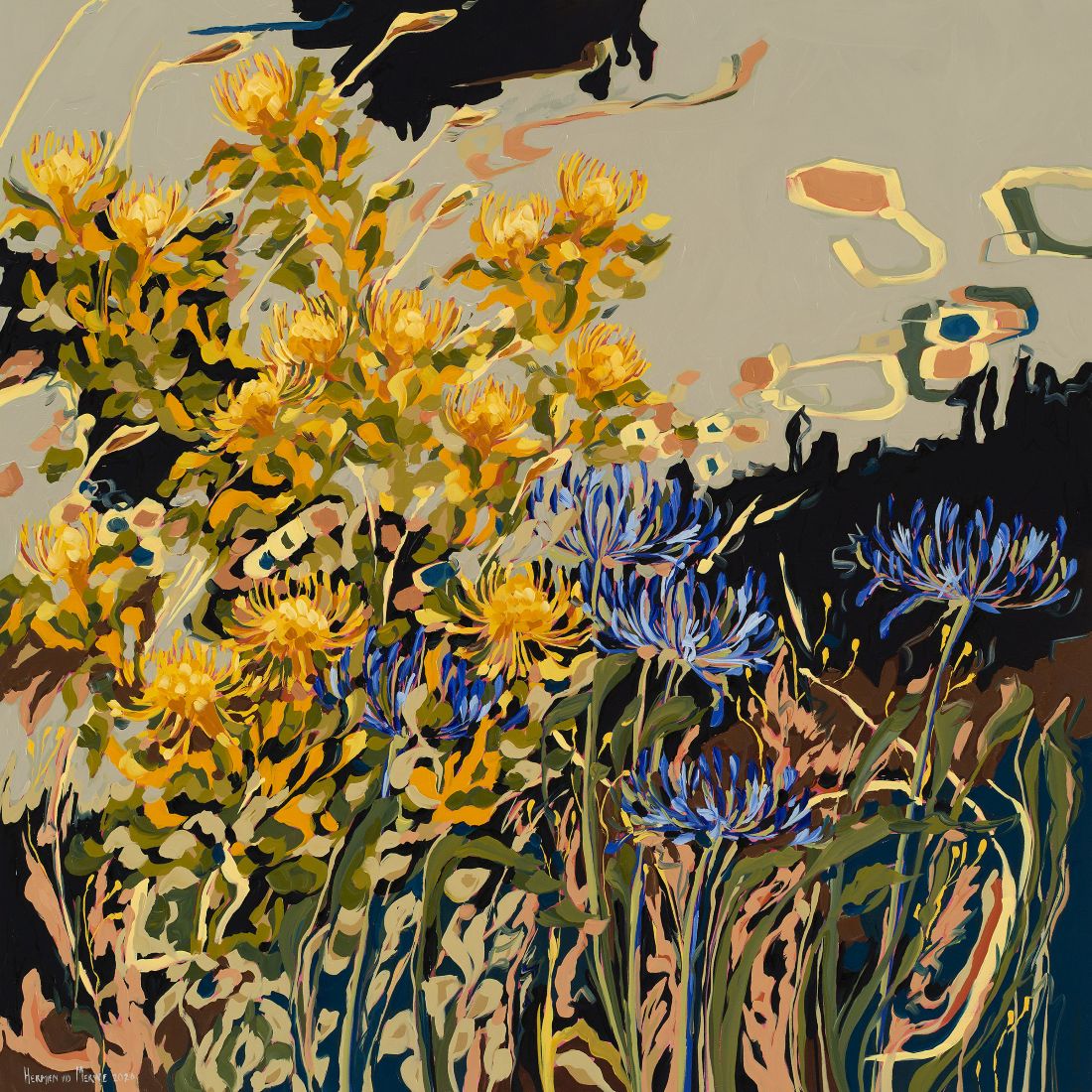 2026 Agapanthus and Pincushions; Grounded series 1100x1100mm