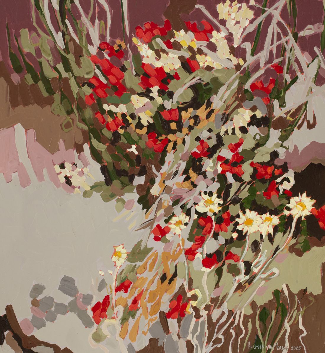 2025 Red and white Erica with showy mountain daisy Mountain series 600x650mm