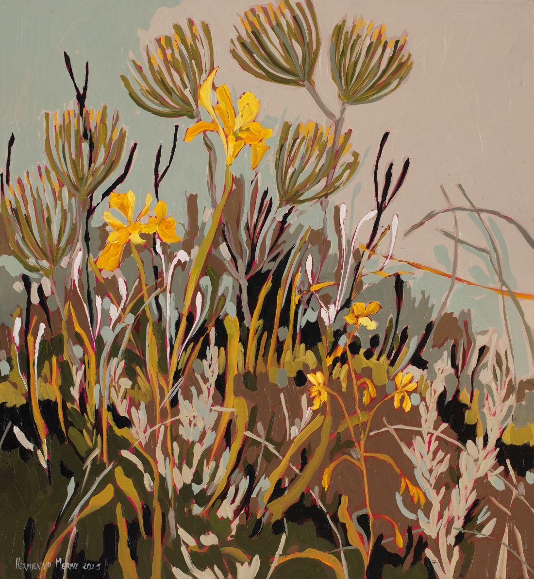 2025YE~3 2025 Yellow Iris, Butterfly lily and Klaas Louw Bush Mountain series 600x650mm