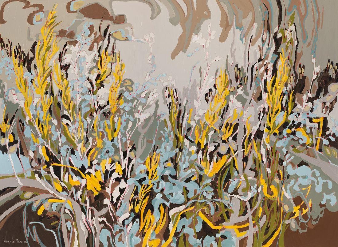 Abstract Fynbos landscape with yellow Leucadendron (Rhythm series) 1500x1100mm