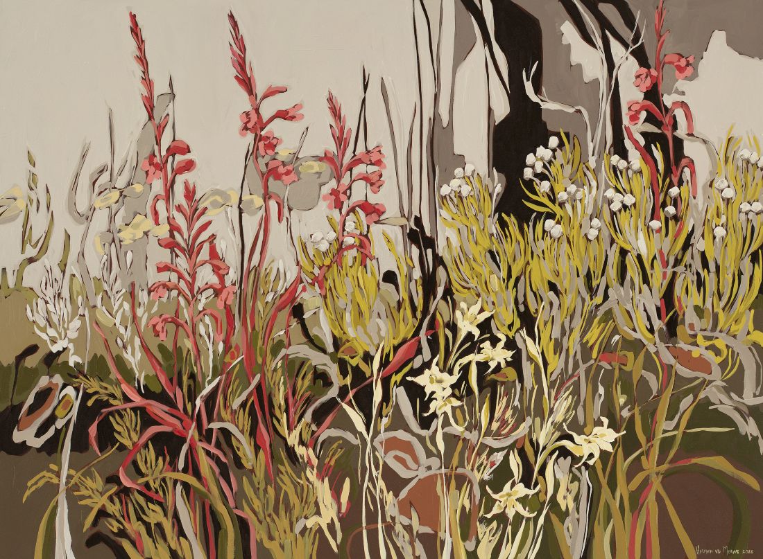 Fynbos landscape with Watsonia, Brunia and Gladiolus (Rhythm series) 1500x1100mm