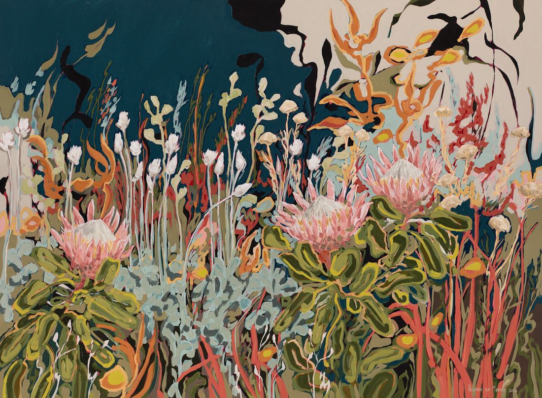 Fynbos landscape with Watsonia, Brunia and Gladiolus (Rhythm series) 1500x1100mm